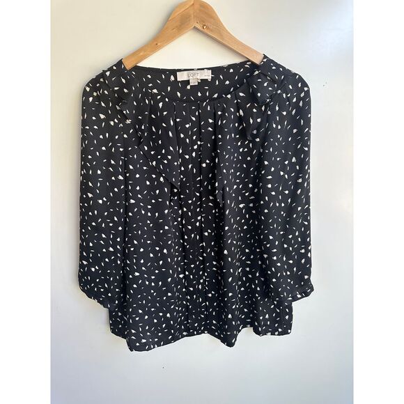 Ann Taylor Loft Speckled Black/White‎ 3/4 Sleeve Ruffle Pleated Blouse MP - Picture 1 of 11